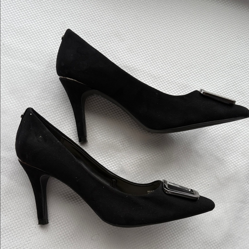 Jones New York Black Faux Suede Heels with Gun Metal Buckle - Size 5.5